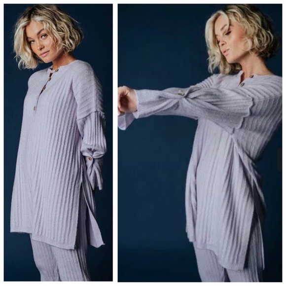 intimately free people oversized lavender ribbed knit 3/4 sleeve sweater - Picture 2 of 7